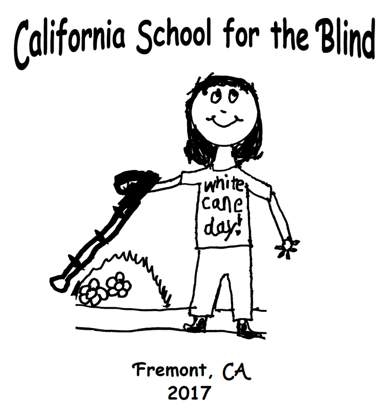 Drawing of a student using a white cane wearing a "White Cane Day" t-shirt and background text of "California School for the Blind, Fremont, CA 2017"