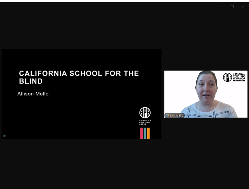 Image showing Allison presenting at the APH Day of Code recap zoom webinar.