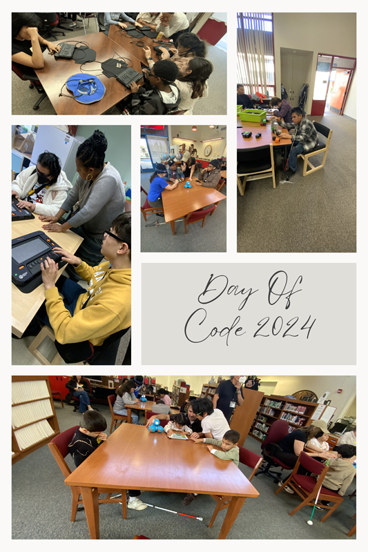 A collage of visually impaired students doing different activities at the Day of Code event.