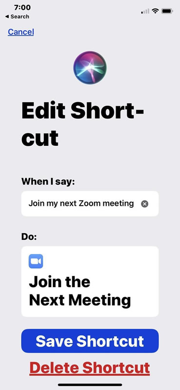 Screenshot of Edit Shortcut form used to Save the Shortcut.